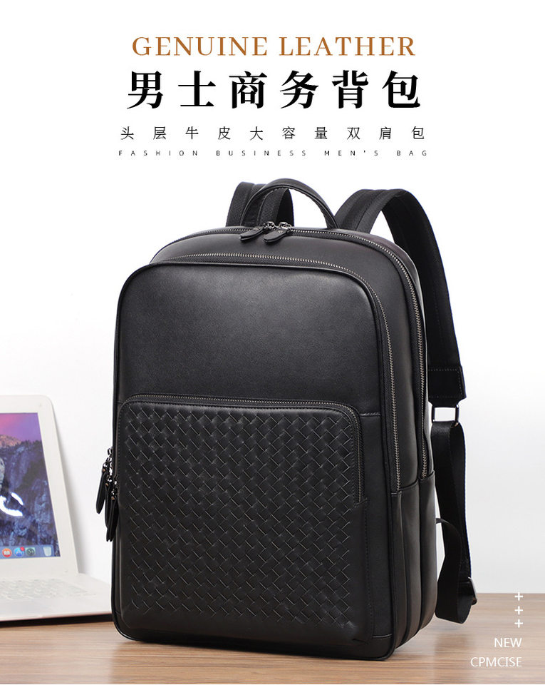 Ba lô nam da thật dệt tay thủ công, ba lô du lịch công sở dung tích lớn, ngăn máy tính 15,6 inch — Màu đen chi tiết 1