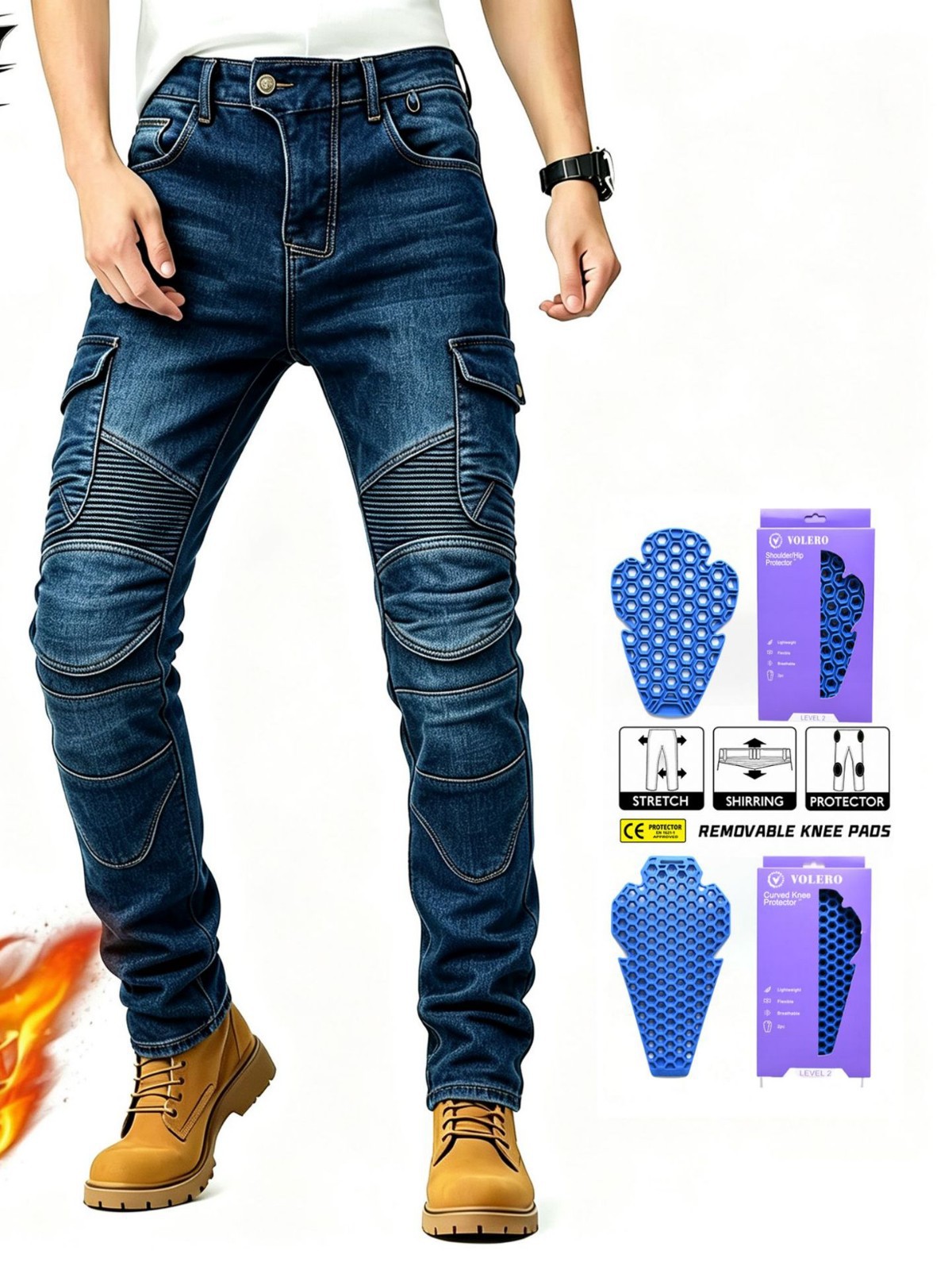 VOLERO pantalones vaqueros de la motocicleta de los hombres de invierno de lana forrada pantalones de ciclismo multi-Bolsa de la motocicleta monos de silicona alargada