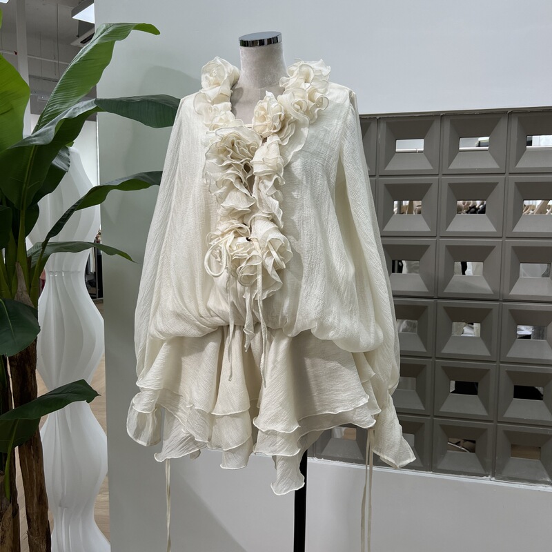 Amazon Chic Micro-transparent Flower Lace-up Irregular Lotus Leaf Skirt Lantern Long-sleeved dress Elegant Holiday Style