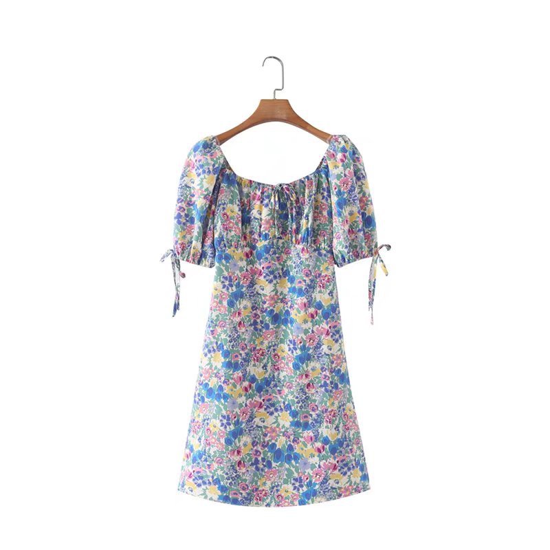 low-cut short sleeve lace-up slim floral dress NSAM129000