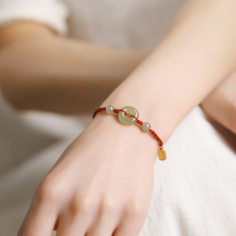 Hetian Jade Safety Buckle Red Rope Bracelet Women's Good Luck Bead Bracelet Anklet Couple Valentine's Day Gift for Girlfriend