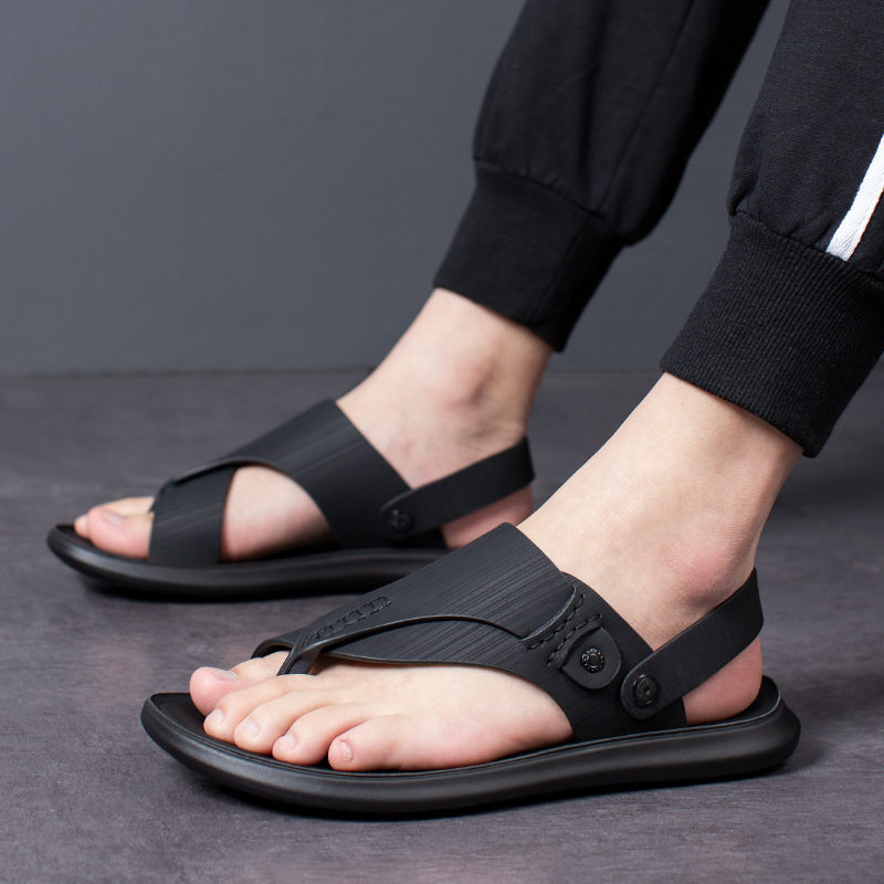 Dép sandal nam quai ngang mềm mại, hở ngón, đế bệt 1,5 cm, đi biển và dạo phố — 55216 màu đen