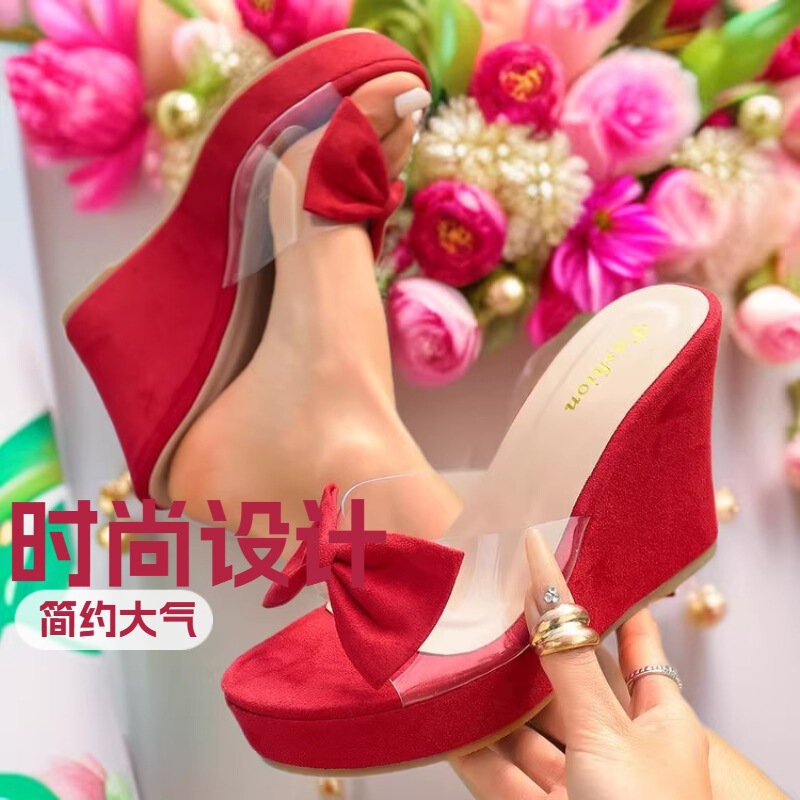 2026 New Summer Style Bow-Tie Transparent Strap High-Heeled Wedge Sandals for Women, Summer Outdoor Peep-Toe Sandals for Women