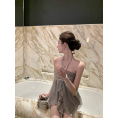 Kikimy 【vtg银河灰迹】手工亮片挂脖上衣连衣裙女夏短款裙子