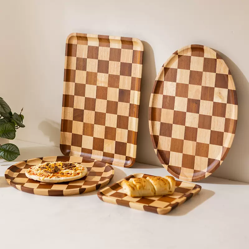 2025新款棋盘格木质托盘家用轻奢甜品面包西餐盘相思木质茶盘批发