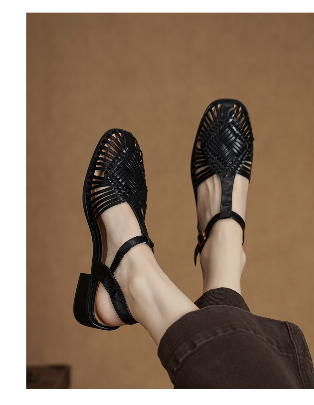Sandal nữ quai ngang T-clasp gót thấp 4 cm phong cách vintage dệt rỗng — đen chi tiết 7