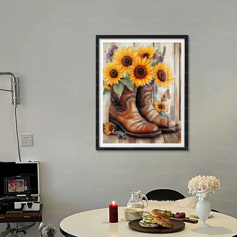 Mona Lisa real girasol de bordado cruzado y viejos zapatos de cuero nuevo estilo minimalista estética pequeña sala de estar bordado