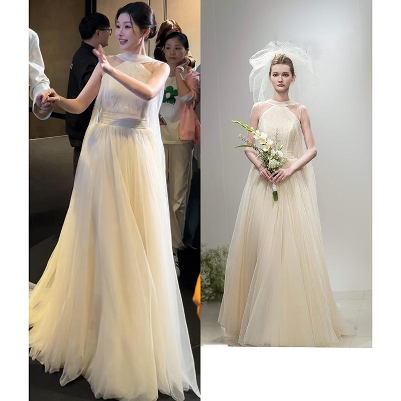 Estrellas con el mismo cuello colgante vestido de boda ligero 2026 verano nuevo estilo de novia exterior viaje de bienvenida hilo ligero francés hilo de salida