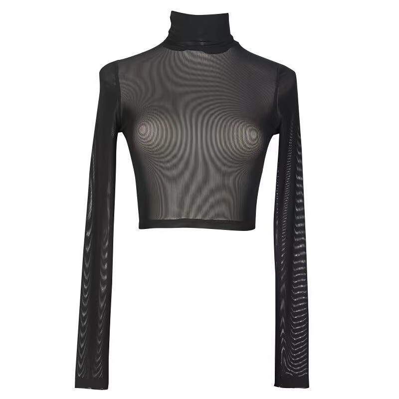 New tight-fitting transparent mesh short top for women, sexy and elegant lace base shirt, thin half-length inner layer