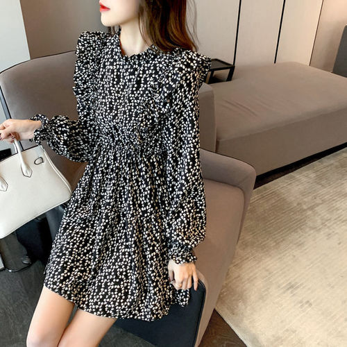 Spring and Autumn New French Retro Waist-Slimming Stylish Matchable Word Skirt Women Long-Sleeve Elegant Floral Dress