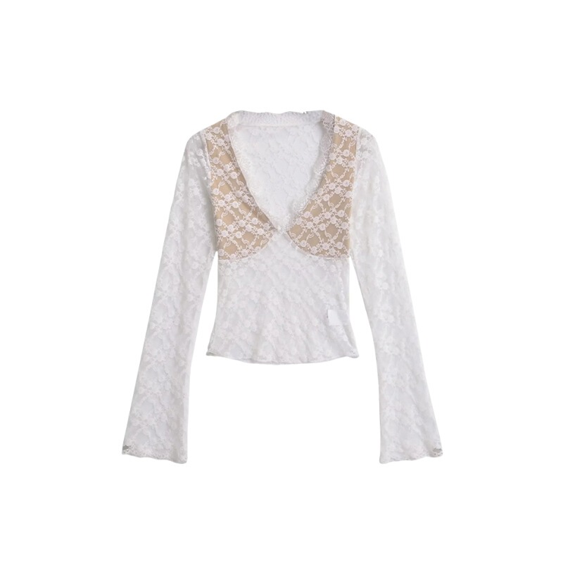 European and American Style Sexy Deep V-Neck Mesh Horn Sleeve Top Women's Pure Desire Wind Perspective Slim-Fit Contrast Color Light Mature Short T-Shirt