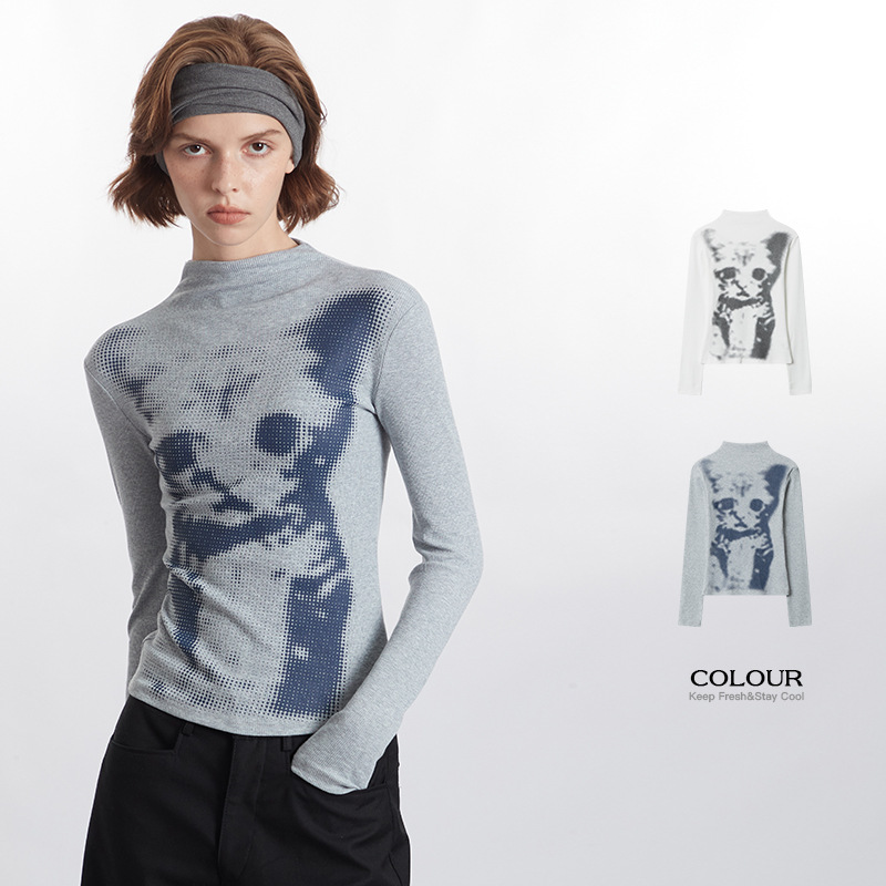 Heyhenry 2025 Autumn Cat Print Top Women's Long Sleeve Slim Fit Inner Layer Round Neck T-Shirt