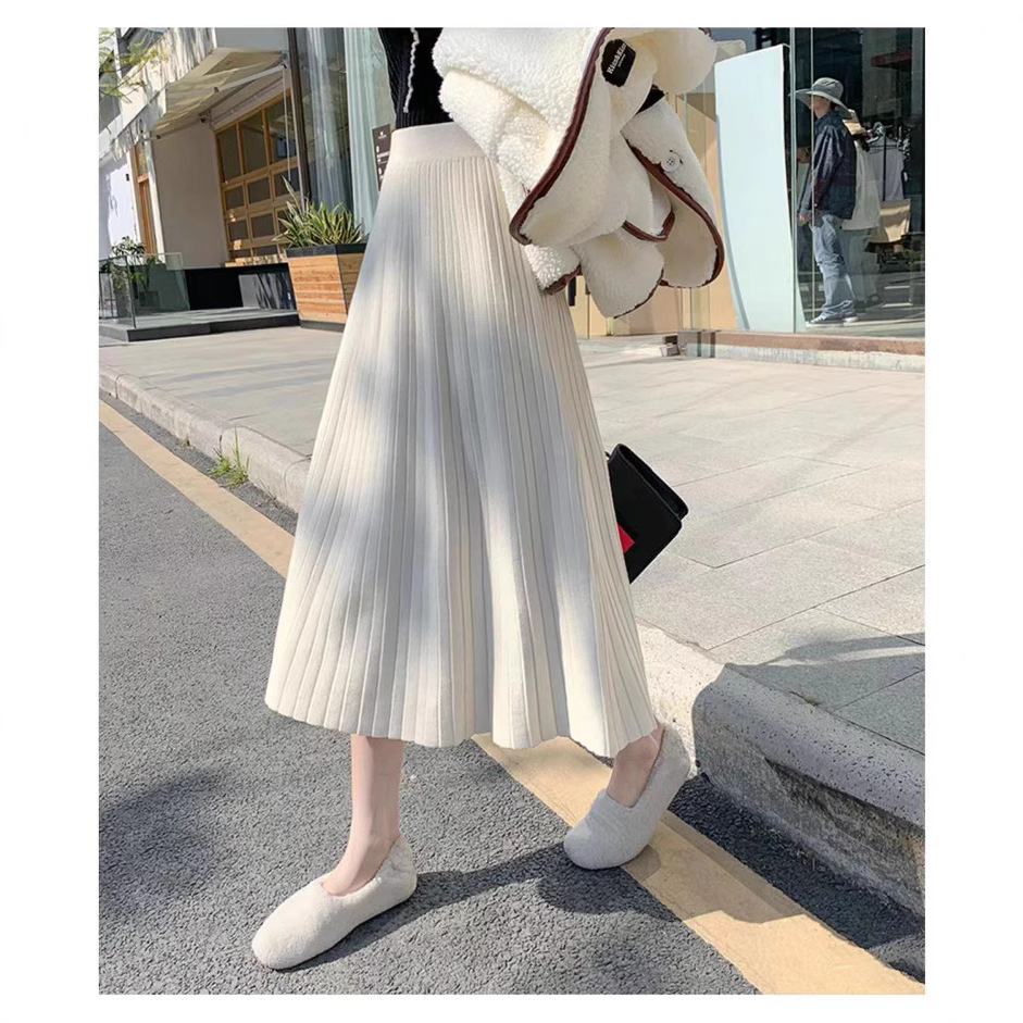 High-Waisted A-Line Skirt – Flared Midi Pleated Skirt (Black/Gray/Beige/Khaki, One Size)​_ecoleips.com