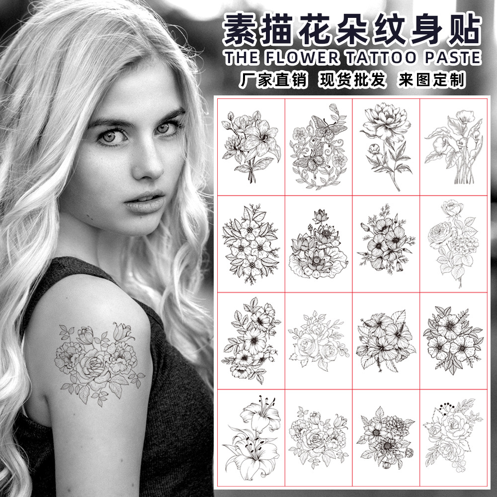 Cross-border new sketch flower tattoo st...