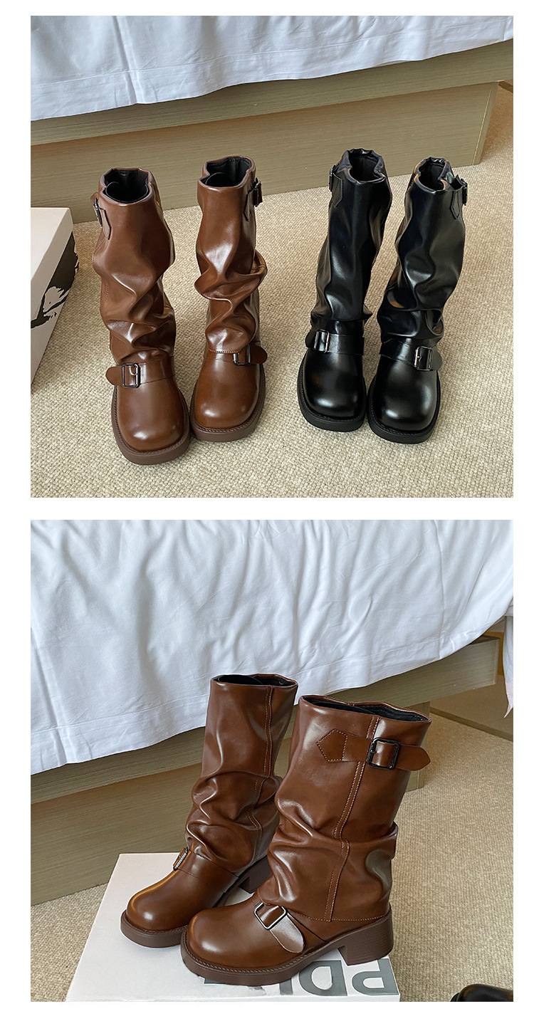Stivali con fibbia a cintura e plissettati in pile per donna 2023 nuovi stivali retrò con tacco spesso e plateau a metà polpaccio stivali da sigaretta alla moda di strada_voghion.com