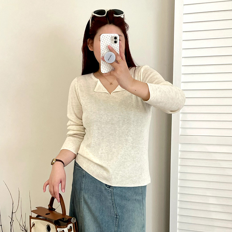 Thin, versatile, collared knit top for autumn 2026, plus-size basic slimming base layer for women, style 23221