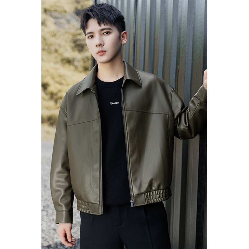 Light Mature Men's Lapel Simple Leather Jacket Spring and Autumn New Motorcycle Jacket Casual Trendy Brand American Retro Top