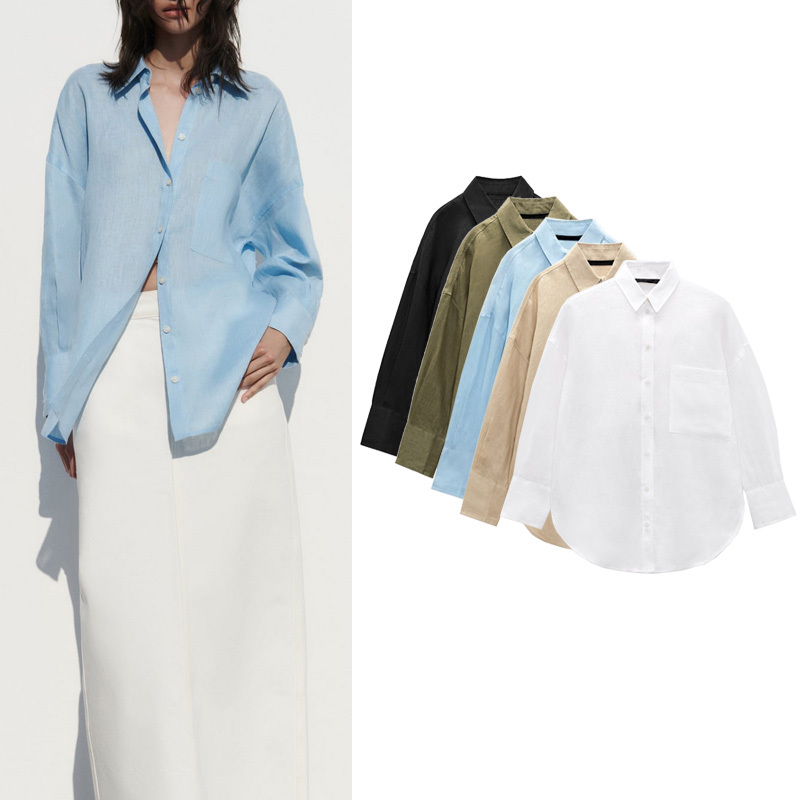 Za New Spring and Summer White Sun Protection Shirt Lapel Loose Buttoned Single Flap Pocket Pants Linen Shirt 8372036