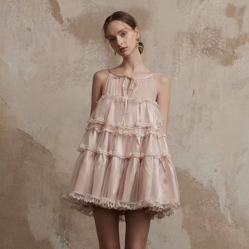 New Pink Mesh Lace Patchwork Strapless Cake-Style Puffy Dress for Women, Sweet and Elegant, Slimming Short Trendy Dress