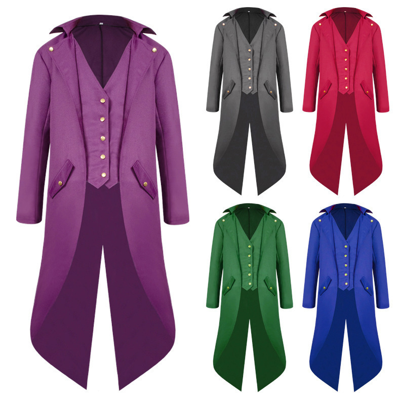 Halloween European and American Retro Men's Solid Color Long-Sleeve Formal Dress with Irregular Buttons Medieval Tailcoat