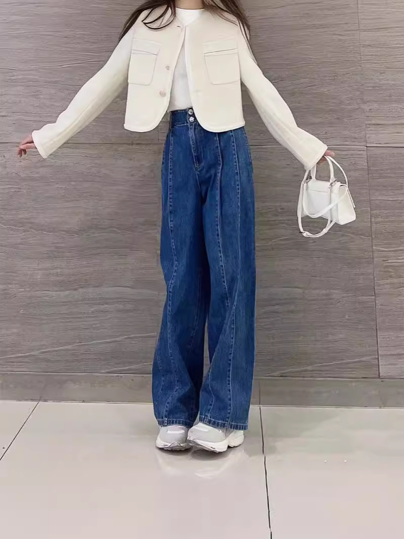 Quần jean nữ ống rộng cạp cao dáng chuối xếp ly denim dễ phối — Màu xanh lam