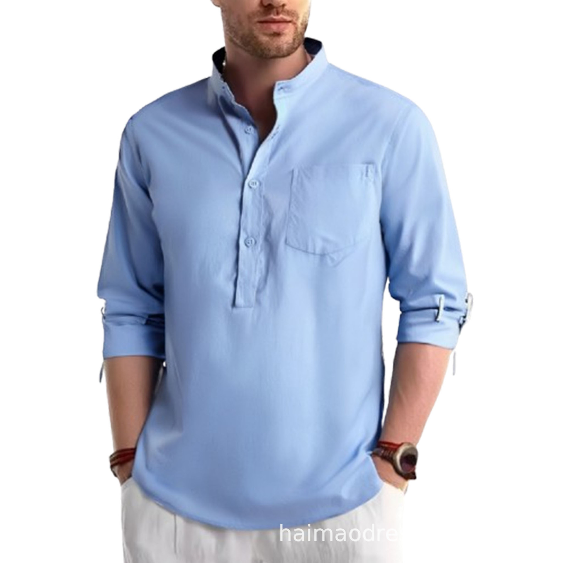 Camisa Henley de Manga Larga para Hombre, de Algodón Puro, Popular en Primavera y Verano 2026, Camisa Yiwu, Ropa Formal para Hombre, Tallas Grandes