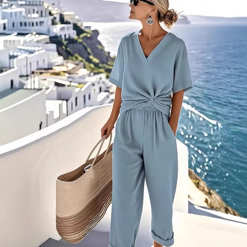 2026 Foreign Trade Women's Clothing European and American Cross-Border Summer New Products Independent Site Aliexpress Fashion Solid Color Irregular Short-Sleeve Set