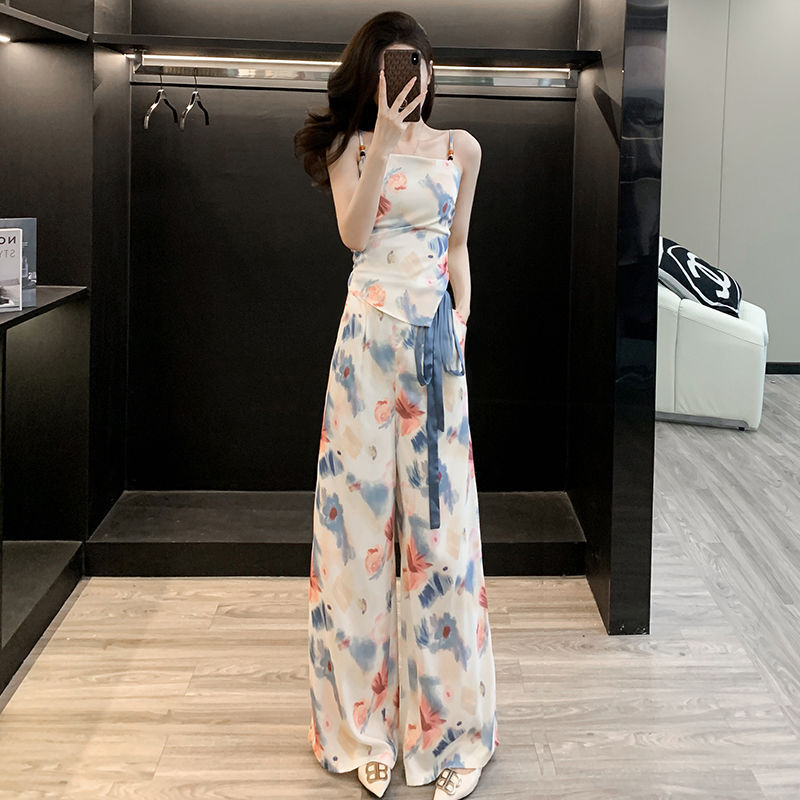 网红炸街休闲运动套装女夏季碎花阔腿裤扎染吊带防晒开衫气质三件|undefined
