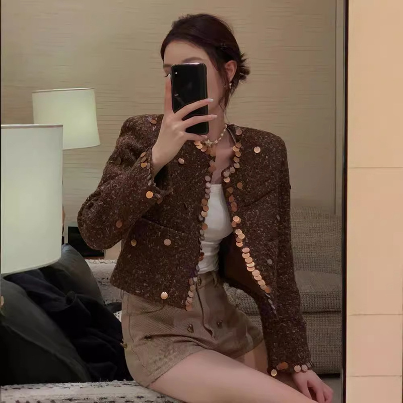 2026 Early Autumn New Shiny Silk Woven Woolen Suit Jacket for Women, Stylish Round Neck Sequined Tweed Cardigan 1849