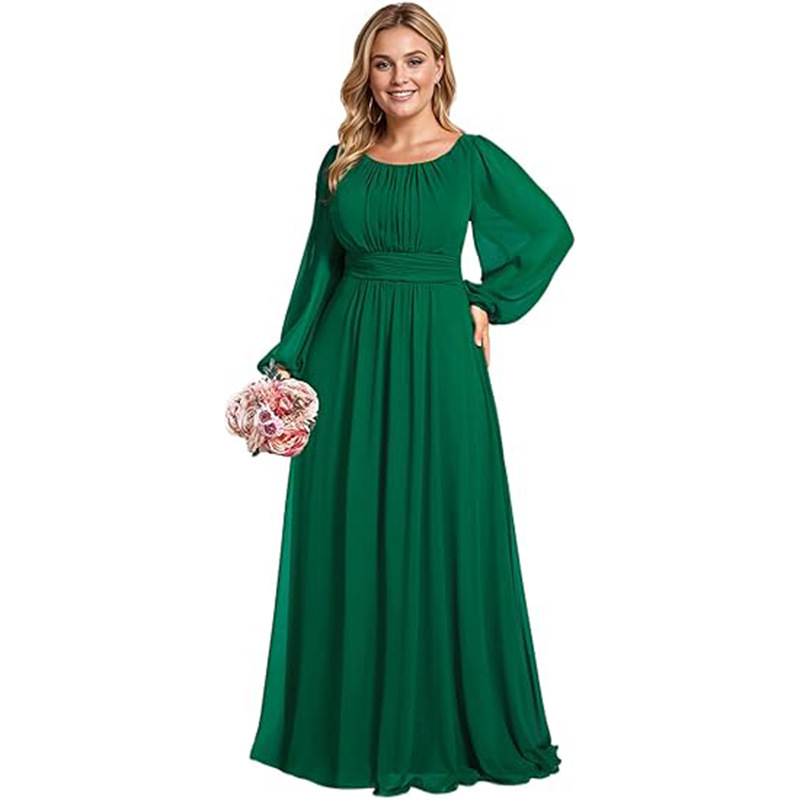 Women's Round Neck Lantern Sleeve Chiffon Pleated Long Evening Gown Plus Size Formal Ball Bridesmaid Host Gown
