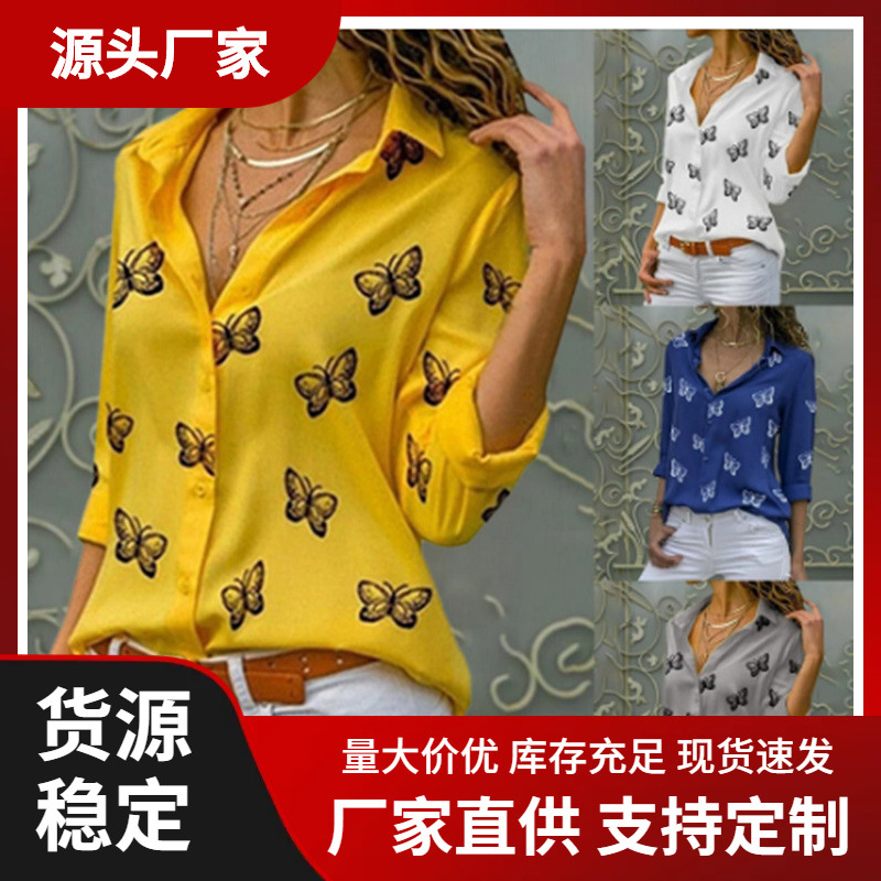 2021 유럽 및 미국 셔츠 봄 여름 아마존 위시 알리익스프레스 멀티컬러 나비 프린트 루즈핏 라펠 긴팔