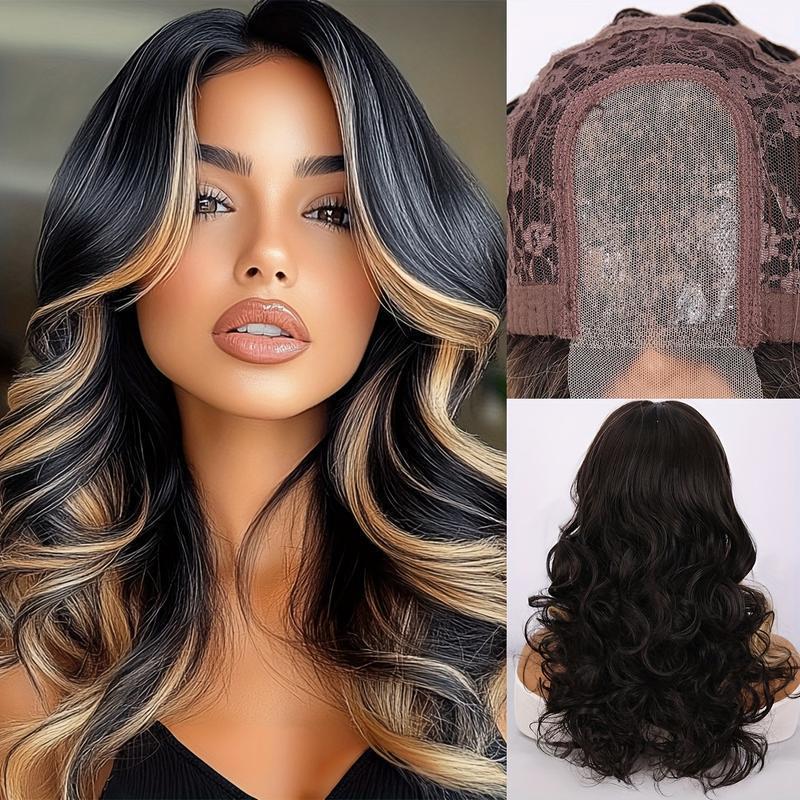 Hand-Woven Long Curly Hair with Golden Highlights · Heat-Resistant Fiber Blonde Highlights with Middle Part Wig