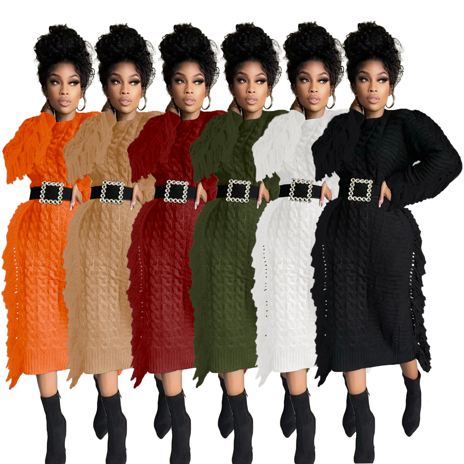 Robe pull femme avec franges longues en maille pour l'hiver_voghion.com