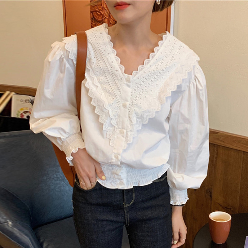 Korean chic Spring French Style Elegant V-neck Stitching Multi-layer Lace Design Loose All-match Puff Sleeve Shirt for Women