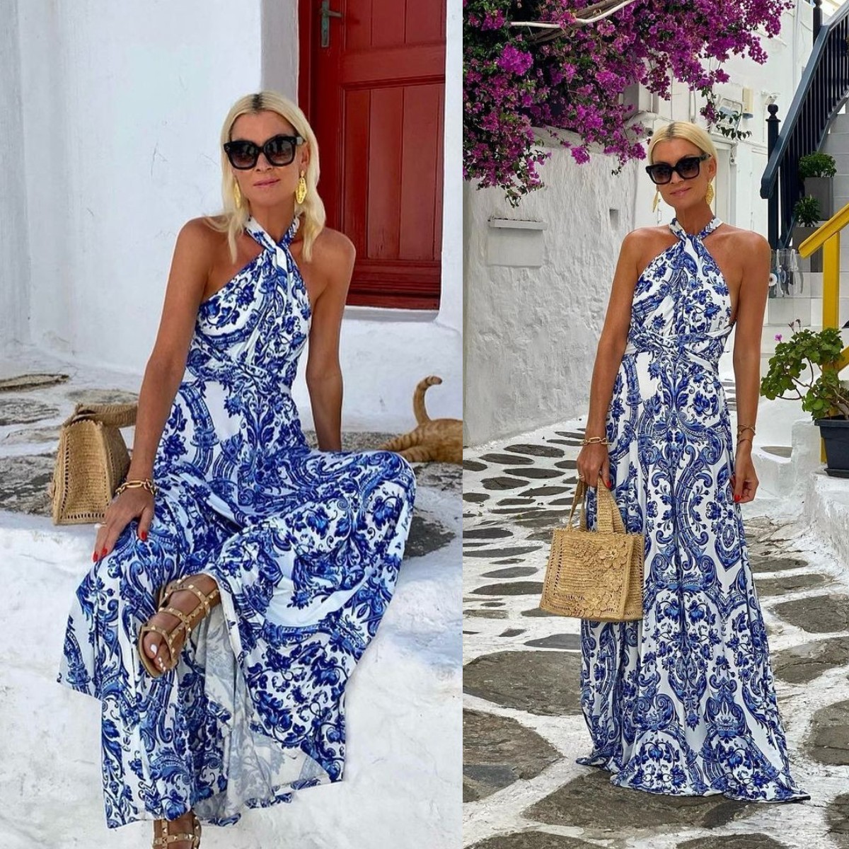 2024 New dress ins Internet Celebrity Same Printed Backless Neck Dress dress Women