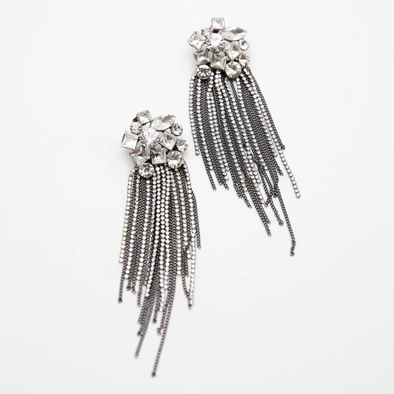 Long Tassel Metal Black Rhinestone Earrings European And American Crystal Earrings display picture 5