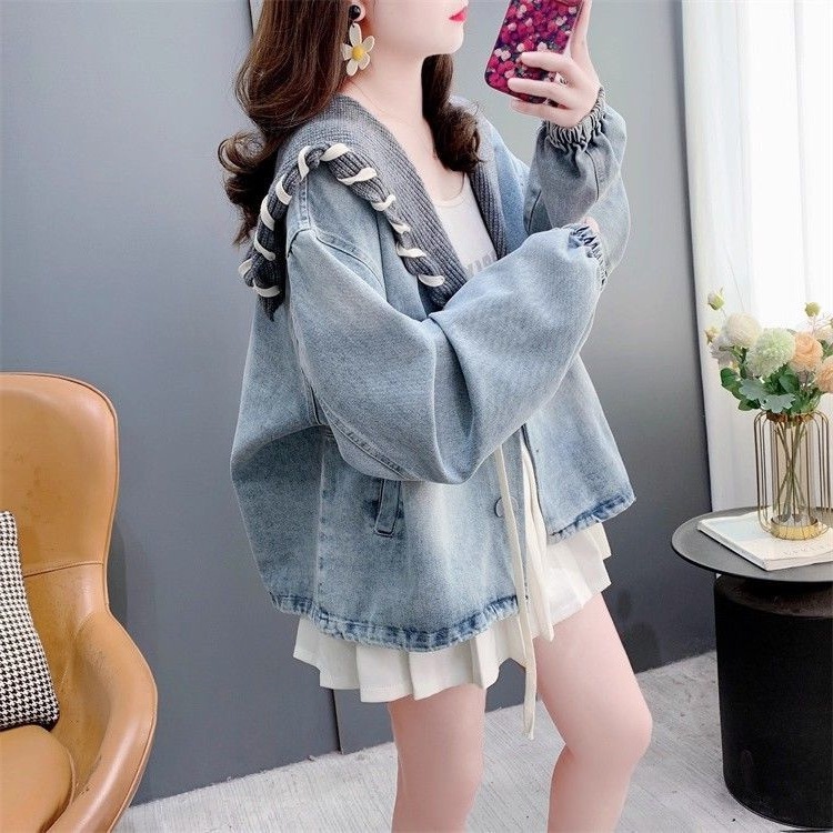 设计感针织领拼接牛仔外套女春季2025年新款休闲洋气百搭夹克上衣