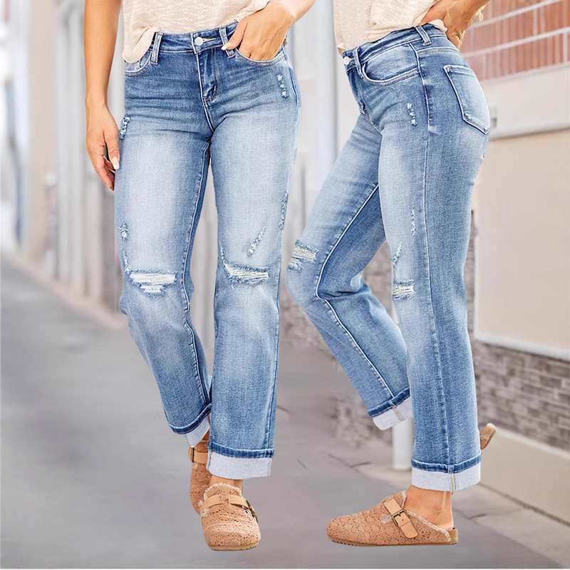 Women's Denim Stretch Ripped Slim-Fit Pocket Trendy Straight-Leg Pants Casual Versatile European and American Style Spring Lazy Style Women's Denim Stretch Ripped Slim-Fit Pocket Trendy Straight-Leg Pants Casual Versatile European and American Style Spring Lazy Style