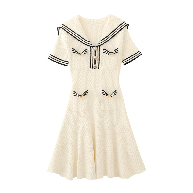 Tweed Style European French Navy Collar Retro Knitted Dress Short-Sleeved Elegant Age-Reducing Niche Design