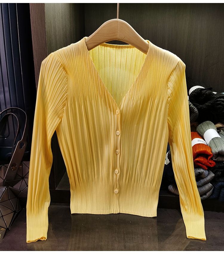 Áo cardigan cổ chữ V dáng ngắn tay dài mới xuân hè — Màu xanh lam nhạt, Màu đen, Màu tím nhạt, Màu hồng chi tiết 6