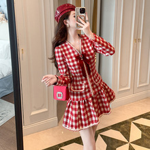 复古法式红色格子连衣裙女2025年新款小个子甜美新年战袍21509