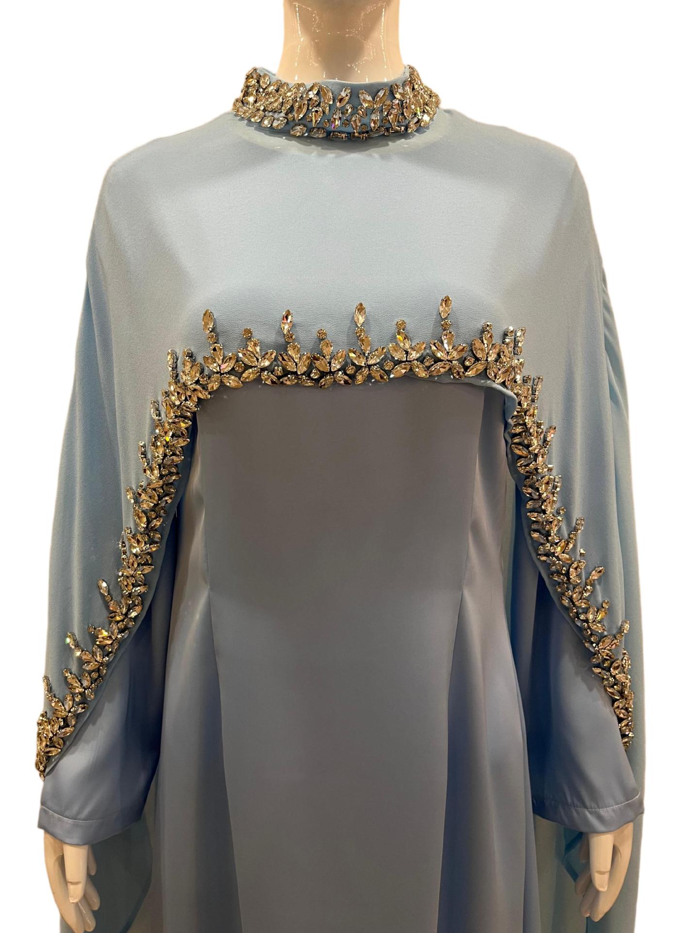 In-stock High-end Light Blue Diamond-embellished Cape Middle Eastern Dress Muslim Luxury Banquet Gown Arabian Robe_ecoleips.com
