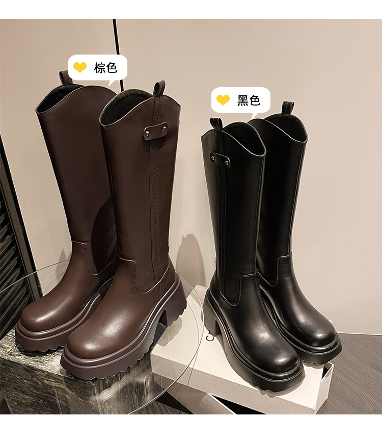 Boot nữ cổ cao mũi tròn gót vuông dày 9 cm, phong cách kỵ sĩ V-cut — Ống lớn màu nâu sẫm lót một lớp chi tiết 13