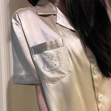 香槟烫珠KT猫仿真丝睡衣女夏季新款凉爽薄款开衫家居服翻领套装新