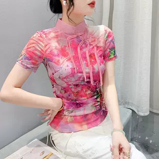 欧货新中式国风设计感盘扣立领短袖印花T恤女打底衫欧货上衣潮实