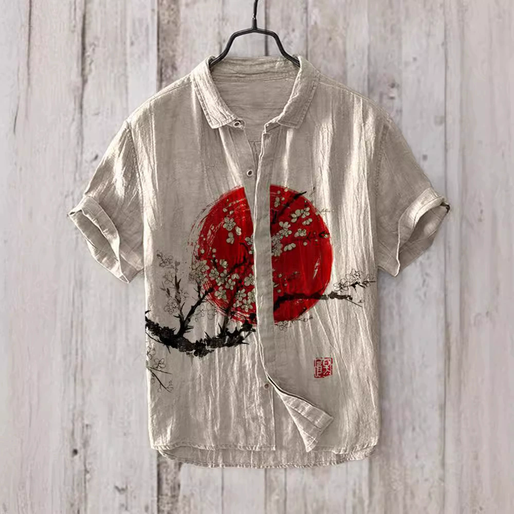 2024 Летний трансграничный летний китайский стиль цифровой печати с короткими рукавами мужская рубашка повседневная дикая простота
