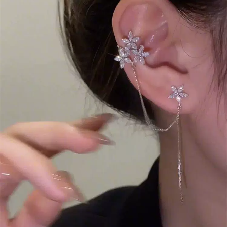 轻奢锆石小花耳夹耳线一体式小众设计长款流苏耳钉精致百搭耳骨夹