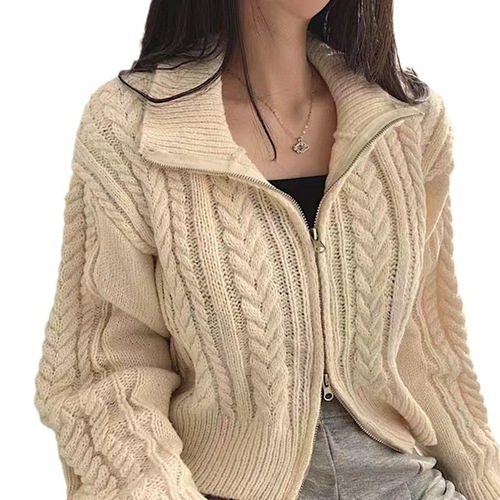 Autumn/Winter New Korean Style Retro Chic Student Solid Color Crochet Cardigan for Women with Double Zipper Knit Top