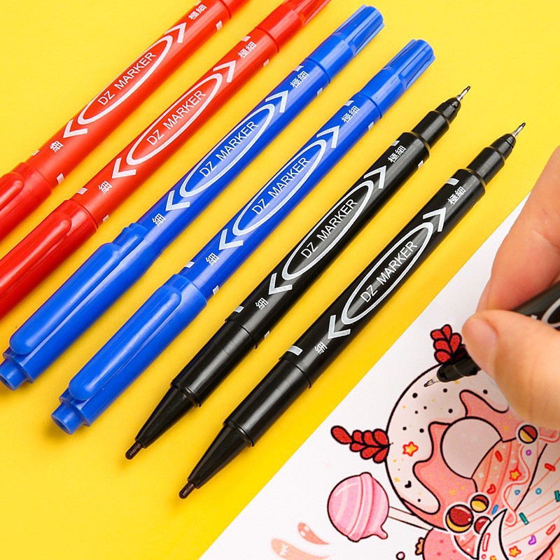 Marcador de dos cabezas Marcador de dos cabezas Marcador de cabeza delgada Marcador de dibujo impermeable Bolígrafo de línea para estudiantes de primaria y secundaria Negro