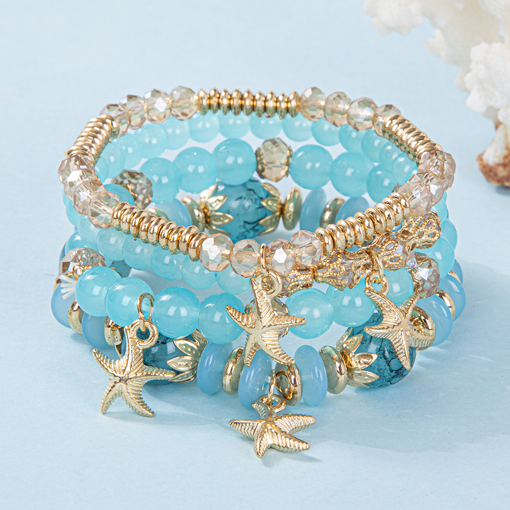 European and American Cross-Border Hot-Selling Bohemian Style Starfish Pendant Multi-Layer Elastic Cord Beaded Bracelet Manufacturer Wholesale Handmade
